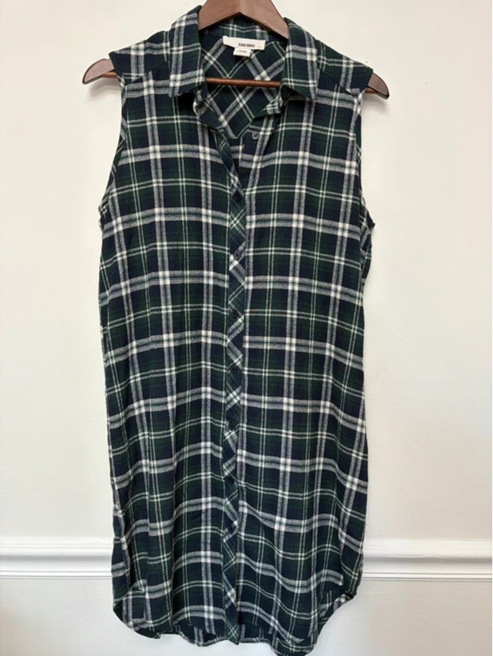 Sans Souci Plaid Sleeveless Button Front Shirt Dress Size Large Green Navy